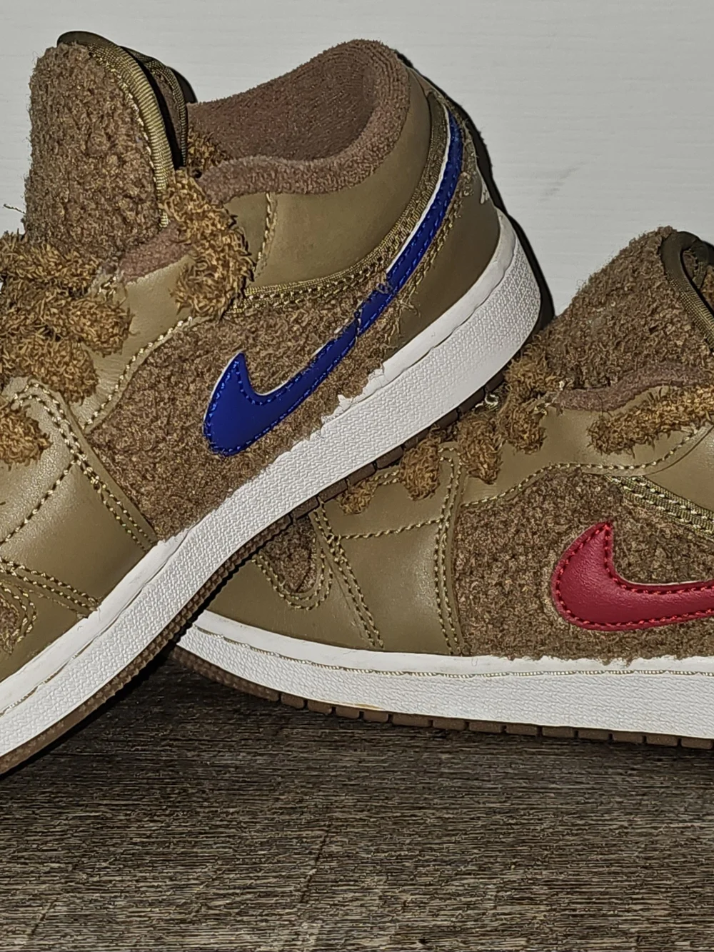 Kids Brown Shearling Sneakers with Blue & Pink Swoosh - Nike